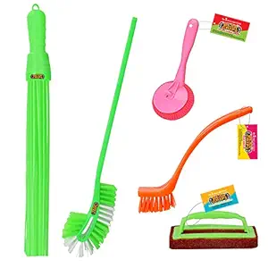 Bear Grips Plastic Tile Scrubber, Toilet, Basin and Nylon Sink Brush, Plastic Kharata Broom Bathroom Cleaning Set (Color May Vary)