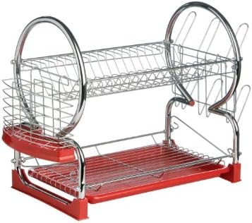 Chrome 2 Tier Dish Drainer with Red Removable Drip Tray