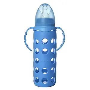 NAUGHTY KIDZ PREMIUM BOROSILICATE HANDY GLASS BOTTLE WITH ULTRASOFT LSR NIPPLE||SILICONE BOTTLE WARMER||EASY TO HOLD HANDLE||KEY TEETHER||HOOD RETAINING CAP AND SEALING DISC RING - 250 ml (BLUE)