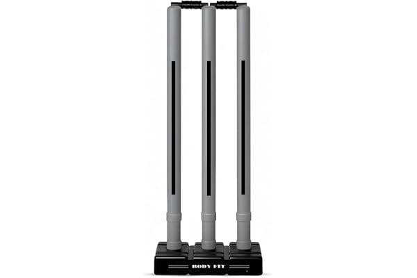 Bodyfit Heavy Cricket Stumps Plastic Grey Set with 3 Stumps + 2 Bails + 1 Stand Full Size Wickets for Cricket Ground, Tournament Wicket, Grey-Black.