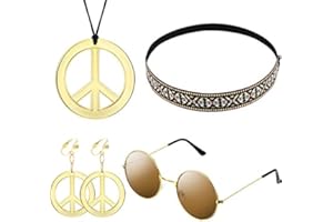 WILLBOND - Juego de 4 accesorios de disfraces hippie de los años 70 para mujeres, gafas de sol hippies, pendientes de collar con signo de paz, diadema boho para Halloween Carnaval