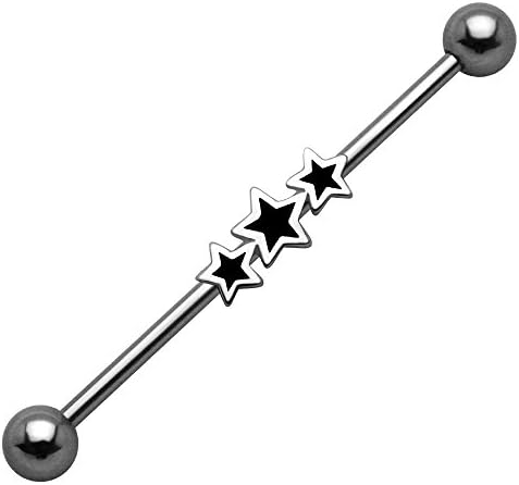 Industrial &amp; Scaffold Piercing Bar with Sterling Silver Black Enamel Triple Star