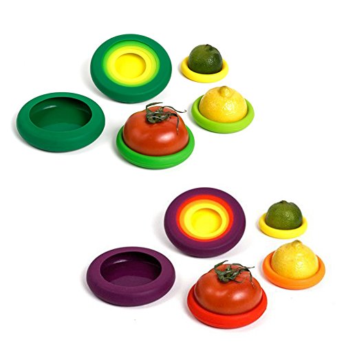 Food Huggers Reusable Silicone Food Covers, Set of 8, 4 Green + 4 Purple by IPPINKA