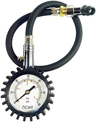 Mechanical Tire Pressure Gauge Yicar 40cm Long Hose 5cm Dial 60 PSI Suitable for Car,Truck,Racing, Offroad, Bike .