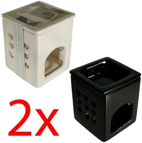 Ceramic Oil Burner Warmer Fragrance Set Granules Melt Wax Home Aroma Gift Tart (Set Of 2 Burners Blk/Wht).