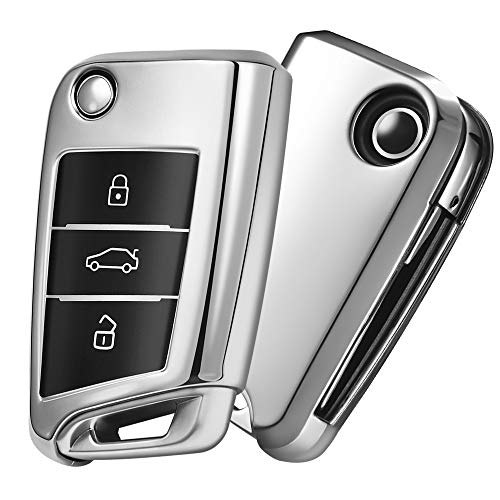 OATSBASF Funda para Llave VW, Funda Llave VW Golf 7-3 Botones para Coche VW MK7 Seat Skoda Carcasa de Llaves TPU (Plata)