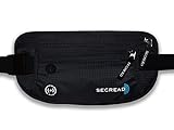 Flache Reise Bauchtasche mit RFID Schutz, Unauffälliger Geldgürtel mit Kopfhörereingang - enganliegend und wasserabweisend, Gürteltasche zum Sport, Reisen und Joggen, Secread Hüfttasche, (Schwarz)