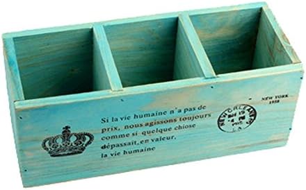 Aoovi 3 Compartment Vintage Wood Desktop Office Supply Caddy/ Pen Pencil Holder / TV Remote control Holder/ Desk Organizer (Blue)