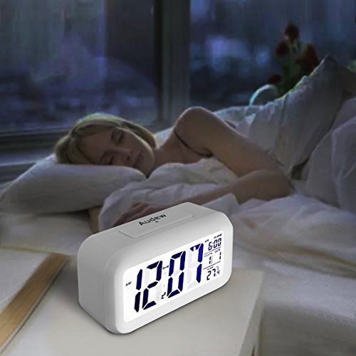 AUDEW LCD Wecker Digital Wecker Tischuhr Alarm Clock Kalender Thermometer für Auto Reise Hause Büro Weiß