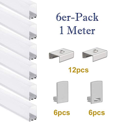 LED PL6 Nash Lot de 6 profilés LED en aluminium avec embouts et pinces de montage + cache opale pour bandes LED et bandes LED 1 m