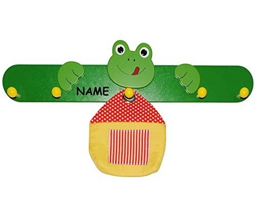 Preisvergleich Produktbild Kindergarderobe - Frosch mit Aufbewahrungstasche incl. Name - für Kinder mit 5 Haken - Garderobenleiste Wandhaken Kinderzimmer Garderobe Kleiderhaken / Wandgarderobe - Tier Frösche