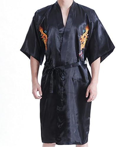 Bon amixyl Men’s Dressing Gown Bathrobe Satin Silk Bath Robe Kimono Gown Dragon Embroidery Yukata Hakma Vintage Sleepwear