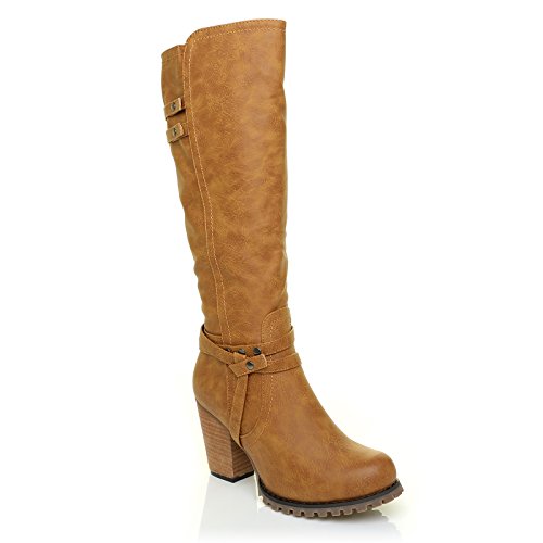 ADELE Tan PU Leather Chunky Heel Grip Sole Calf Boots Size UK 7 EU 40