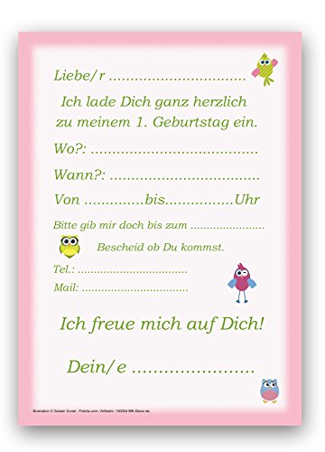 Einladungskarten Kindergeburtstag zum 1. Geburtstag in rosa mit Eulen, incl. passender Umschläge - 3