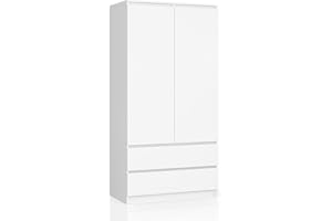 ‎AKORD AKORD Zweitüriger Kleiderschrank S 90 cm 2 Schubladen mit Regalen und Einer Kleiderstange für EIN Schlafzimmer Kleiderschränke Minimalistischer Stil Laminierte Platte 16 mm Farbe Weiß