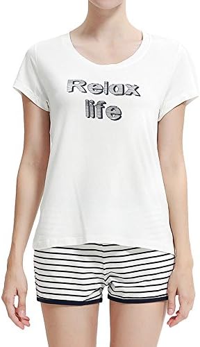 LEMONMOON Ladies Pyjama Short Sleeve Sleepwear Women's 2 Piece PJS Sets T-Shirt and Shorts Nightwear Comfy Loungewear(White,M)