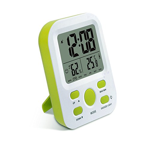 Digital Wecker wiederaufladbar, SSA Kleine Schreibtischuhr mit Temperatur, Feuchtigkeit, Woche 12 / 24h Display, Snooze, Reiseuhren für Teens, Kinder (Stand)