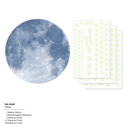 Wandkings Leuchtaufkleber „Mond im Set mit 250 Sternen“ – Wandsticker – Fluoreszierend & im Dunkeln leuchtend - 4