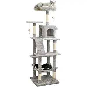 MWPO 63.8 inches Multi-Level Cat Tree for Large Cats with Sisal-Covered Scratching Posts, Padded Platform, Hammock and Condo,Stable Cat Tower Cat Condo Pet Play House-Light Gray