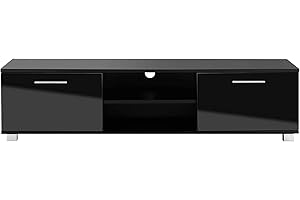 MMT FURNITURE DESIGNS LTD MMT Black Gloss TV Stand Cabinet 140cm for Up to 65 Inch TV, Living Room Furniture with Storage Cupboard and Open Shelving