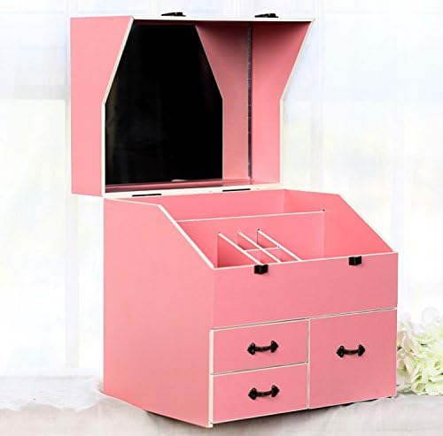 CUPWENH Cosmetics Skin Care Box, Plus Large Cover, Mirror Drawer, Solid Wood, European Dust, Household Finishing Jewelry Box,Premium M5 With Pink Cover