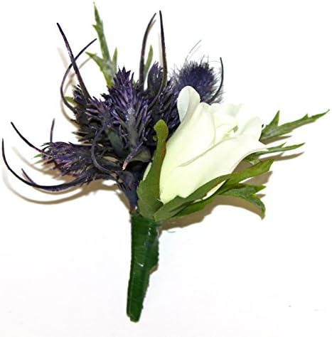 Stunning Purple Thistle and White Rose Everlasting Traditional Buttonhole Corsage