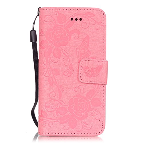 Lomogo [Butterfly Flower] iPhone 5S 5 SE Leather Wallet Case with Kickstand Credit Card Holder Magnetic Closure Shockproof Flip Case Cover for Apple iPhone 5S 5 SE (Pink)