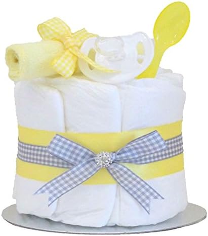Small Yellow and Grey Baby Shower Nappy Cake Unisex Boy Girl New Born Gift Birth Hamper Newborn Neutral Gifts Set Babies BabyShower Decorations Centrepiece Boys Girls New Mum Babys First 1st Easter
