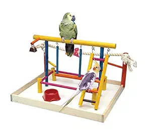 Penn Plax Wood Bird Playpen, Parrot Playstand Bird Playground Perch Gym Ladder with Toys Exercise Play