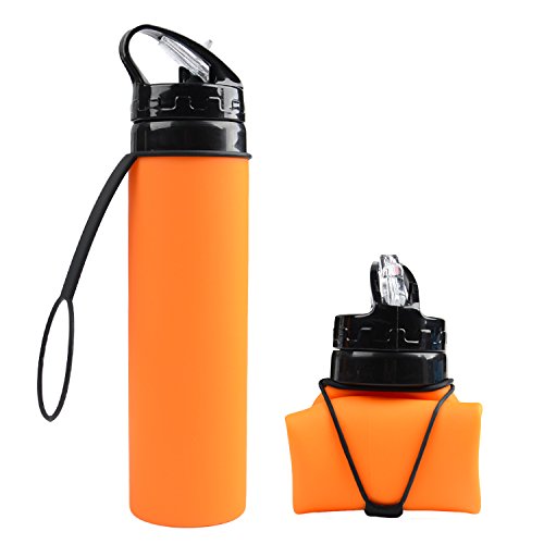 Pliable Bouteille d'eau en silicone pliable Bouteille Paroi Sports Canteen Roll Up Tasse pour l'extérieur randonnée Camping Cyclisme et voyages 600 ml (Orange)