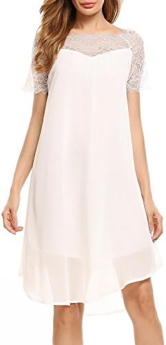 Zeela Casual Elegant Chiffon Lace Patchwork A Line Boat Neck Short Sleeve Dress