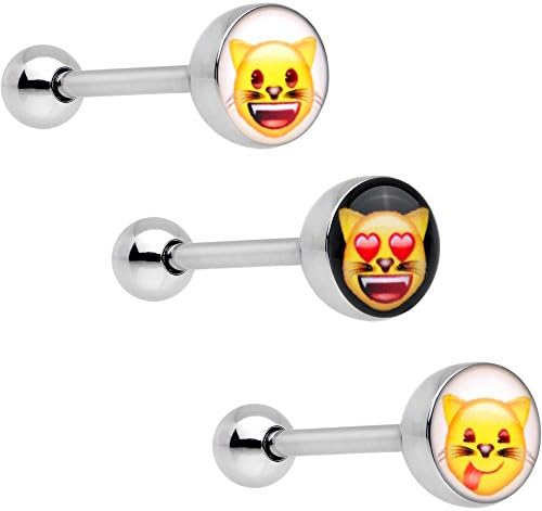 Officially Licensed Cat Face emoji Steel Barbell Tongue Ring Set of 3 14 Gauge 5/8"