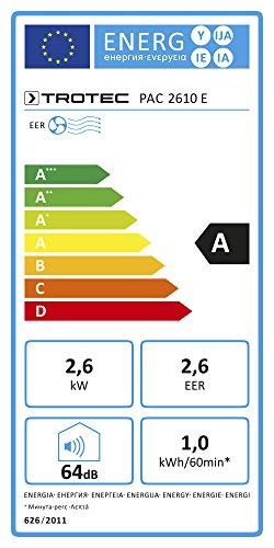 TROTEC Lokales mobiles Klimagerät Klimaanlage PAC 2610 E mit 2.6 kW / 9.000 Btu (EEK: A) 3-in-1-Klimagerät: Kühlung, Ventilation, Entfeuchtung / Inkl. intelligentem Recyclingsystem – Kondenswasser muss nur sehr selten ausgeleert werden! - 9