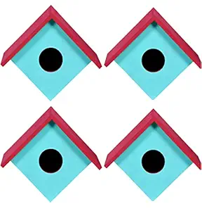 Sanmark Bird House Combo Nest Box Breeding House for Small Birds Sparrow, Finches Handmade Bird Friendly Wooden Hanging for Home Decor & Garden (Sky Blue/Red - 21 x 14 x 18 cm.) (Pack of 4)