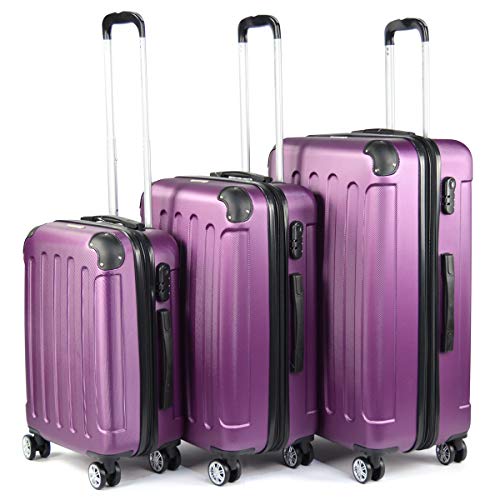 Preisvergleich Produktbild Flexot 3-Teiliges ABS Reisekofferset, Hartschalenkoffer, Ultraleicht, 360° Rollsystem, 4 Rollen, Aluminium, Violett - Lila