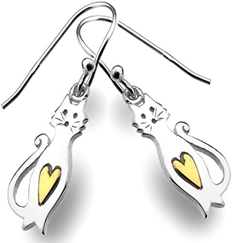 Sterling Silver Jewellery: Silver and Gold Cute Cats Earrings with Heart (Design: 20mm X 8mm) (E321)