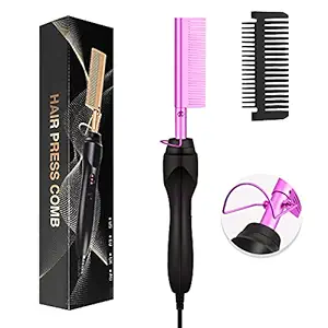 Hot Comb Hair Straightener, Electric Heating Comb, Portable Travel Anti-Scald Beard Straightener Press Comb Ceramic Curling Flat Iron Curler, Suitable for Wet & Dry Hair Wigs Women Men Brush (Purple)