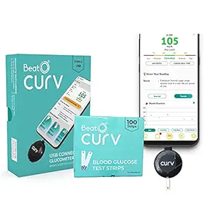 BeatO CURV Smartphone Connected Glucometer with 100 Strips & 100 Lancets (Type-C USB) | ISO Certified : Made in India
