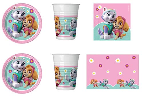 CDC - Lote de artículos para fiesta, modelo n.º 7, de «La patrulla canina», de color rosa, formado por: 16 platos, 16 vasos, 16 servilletas y 1 mantel
