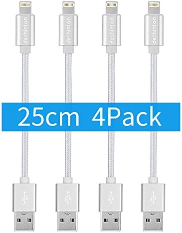 iPhone Charger Cable short with Ultra Slim Connector(4 Pack 25cm)DETHINTON Nylon Braided short iPhone Cable LIFETIME WARRANTY Lightning Cable for iPhone X / 8 / 8 Plus / 7 / 7 Plus / 6 / 6 Plus / 5S-silver