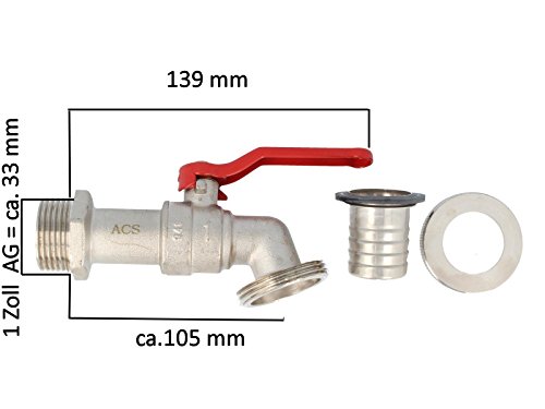 Zapfhahn Auslaufhahn Auslaufventil Kugelauslaufventil 1″ Wandanschluss, Griff rot, messing vernickelt - 3