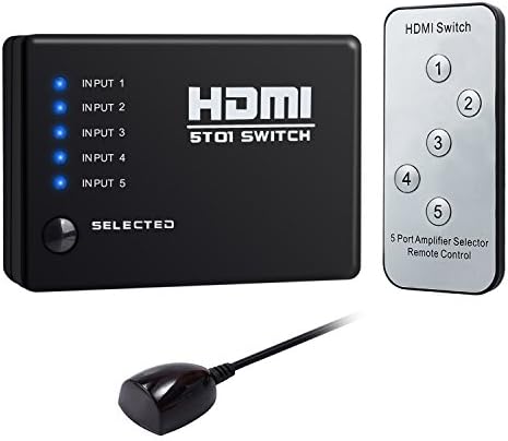 Olrick HDMI Switch 5 Ports HDMI Switcher 5 Input 1 Output 3D 1080P with IR Remote Control for PS3 Xbox 360 Sky Box DVD HDTV Projector Laptop PC
