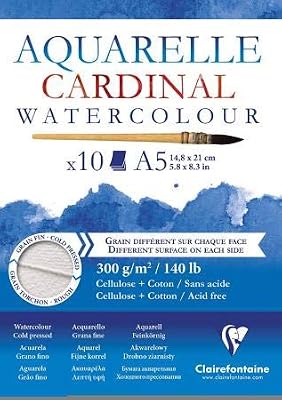 Clairefontaine Bloc encollé de 10 feuilles de papier aquarelle Cardinal grain fin/grain torchon, 300 g/m², A5 - Lot de 5