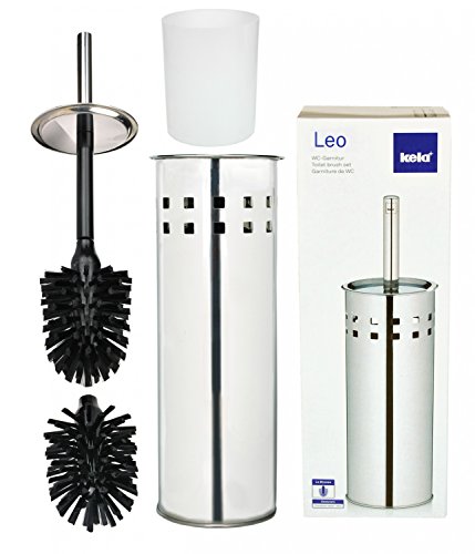 Kela WC-Garnitur LEO + Ersatzbürstenkopf, 3-tlg. Set, WC-Bürste + Edelstahlbehältnis mit Kunststoff-Einsatz, matt silber, edle Badezimmeraccessoires + Zubehör
