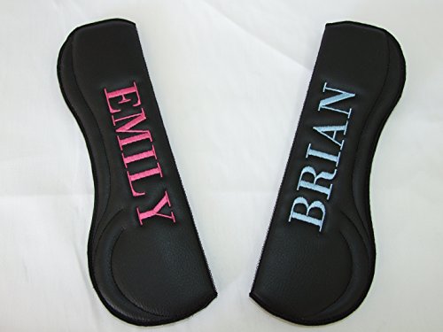 ONEKOOL CustomPads Personalised Ergonomic Car Seat Belt Pads (Embroidered Text) 2 Black Leatherette Covers