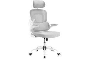 Farini Office Desk Chair with Flip-Up Armrest High Back Ergonomic Computer Chair with Adjustable Headrest and Lumbar Support Executive Swivel Chair for Home and Office,White and Gray