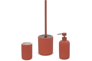 INBAGNO Set Accessori Bagno 3 Pezzi in Ceramica Rosso Mattone cannettato, Dispenser Sapone portaspazzolini e portascopino Soft Touch, Spring