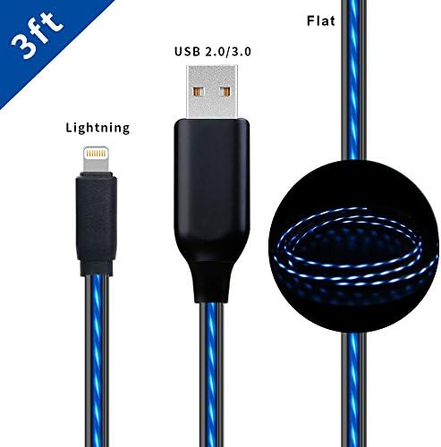 MKDGO 3ft Flat iPhone Lightning Lead 360 Degree Visible Glowing LED Light Up Fast Charging Lightning to USB Cable Sync Data Cord for iPhone 8/7/7 Plus/6s/6s Plus/6/6 Plus/5s/5c/iPad/iPod – Blue Light