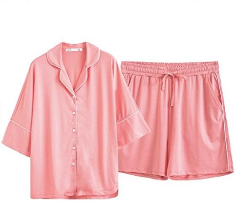 Pajamas ZHAOJING Women Pure Cotton Mercerized Cotton Summer Short-sleeved Cardigan Collar Lapel Home Service Cotton Two-piece (short-sleeved + Shorts) (Color : Light pink, Size : XXL)