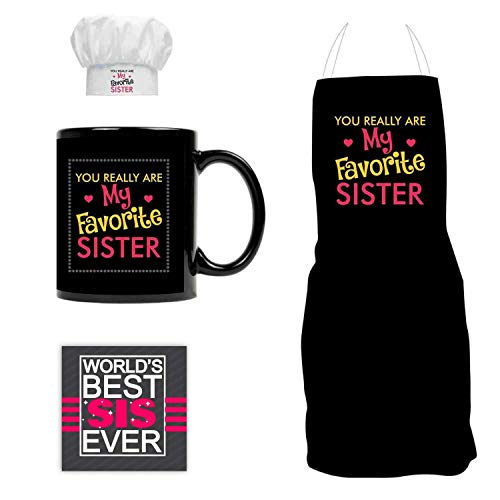 Yaya Cafe Birthday Bhaidooj Gift Combo for Sister - Favourite Sister Gift Hamper Set of 4 - Apron, Chef Hat, Mug, Coaster